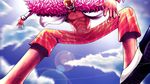  abs blonde_hair cloud cloudy_sky day donquixote_doflamingo earrings highres jewelry lens_flare long_sleeves male_focus navel one_piece open_clothes open_shirt shirt sky solo string sunglasses tongue zhang_ding 