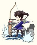  aiming archery arrow blush_stickers bow_(weapon) breasts brown_eyes brown_hair chibi drawing_bow gloves holding holding_arrow holding_bow_(weapon) holding_weapon japanese_clothes kaga_(kantai_collection) kantai_collection kyuudou machinery medium_breasts off_shoulder outstretched_arm partly_fingerless_gloves ponytail quiver side_ponytail sideboob solo thighhighs torn_clothes water weapon yugake yuuma_(skirthike) 