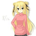  blonde_hair blue_eyes blush chabaneko dated double_bun hair_ornament hairclip hand_on_hip long_hair looking_at_viewer original simple_background solo sweater turtleneck two_side_up very_long_hair white_background 