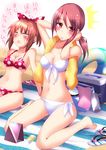  2girls abe_nana adjusting_hair barefoot beach beach_towel bikini blush breasts brown_eyes brown_hair cleavage cooler front-tie_top highres idolmaster idolmaster_cinderella_girls innertube long_hair medium_breasts mifune_miyu mouth_hold multiple_girls natsu_(anta_tte_hitoha) navel no_pupils polka_dot polka_dot_bikini polka_dot_swimsuit ponytail red_hair short_hair side-tie_bikini sitting swimsuit towel towel_around_neck wariza white_bikini 