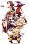  3girls abs amazon_(dragon's_crown) armor bare_shoulders beard blonde_hair boots braid breasts brown_eyes brown_hair carrying cleavage detached_sleeves dragon's_crown dwarf dwarf_(dragon's_crown) elf elf_(dragon's_crown) facial_hair fighter_(dragon's_crown) gloves hair_over_one_eye hat helmet highres hood huge_breasts large_breasts long_hair multiple_boys multiple_girls muscle muscular_female nagian open_mouth piggyback pointing pointy_ears shorts sorceress_(dragon's_crown) sweatdrop thigh_boots thighhighs twin_braids white_background white_hair winged_helmet witch_hat wizard_(dragon's_crown) 