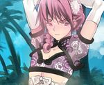  arms_up blue_sky blush bow braid bush chinese_clothes cloud coin_rand corset crossdressing day elbow_gloves eyebrows flower glaring gloves hair_flower hair_ornament male_focus nipples original otoko_no_ko palm_tree pink_eyes pink_hair side_braid sky solo tree waon_(rand) white_bow white_gloves 