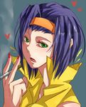  1girl artist_request cigarette cowboy_bebop eyelashes face faye_valentine female green_eyes hairband heart holding looking_at_viewer nail_polish open_mouth portrait purple_hair shirt short_hair sleeveless sleeveless_shirt smoke solo 