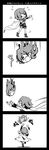  4koma afterimage boots cape comic falling flying_sweatdrops greyscale hair_ornament hairclip highres magical_girl mahou_shoujo_madoka_magica mahou_shoujo_madoka_magica_movie miki_sayaka monochrome motion_lines otoufu outstretched_arms punching shizuki_hitomi simple_background slime spoilers translation_request white_background 