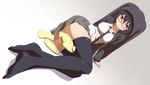  arm_support between_legs black_hair black_legwear blush breasts darth_wooser full_body glasses hood hoodie looking_at_viewer medium_breasts nagian no_shoes original red-framed_eyewear red_eyes short_hair sitting solo thighhighs wooser_(character) 