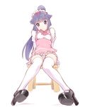  akatsuki_(log_horizon) alternate_costume blush enmaided frills full_body high_heels log_horizon long_hair maid maid_headdress panties pantyshot pantyshot_(sitting) platform_footwear ponytail purple_eyes purple_hair sitting solo stool thighhighs ueyama_michirou underwear very_long_hair white_background white_legwear 