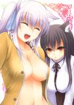  animal_ears aogu black_hair blush borrowed_character breasts cat_ears cleavage closed_eyes highres large_breasts long_hair mia_flatpaddy multiple_girls open_clothes open_mouth open_shirt original shia_flatpaddy shirt smile 