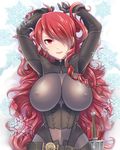  arms_up bodysuit breasts dakimakura framed_breasts hair_over_one_eye huge_breasts kirijou_mitsuru long_hair looking_at_viewer persona persona_3 persona_4:_the_ultimate_in_mayonaka_arena red_eyes red_hair shibuki_oroshi solo upper_body 