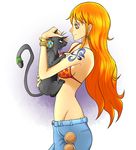  animal animalization bangle bikini_top bracelet breast_press breasts cat cleavage cromarlimo earrings highres jewelry log_pose long_hair nami_(one_piece) one_piece orange_eyes orange_hair petting roronoa_zoro scar smile tail tattoo 