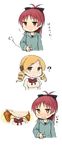  2girls ? antenna_hair blonde_hair blush bow bowtie comic drill_hair hand_on_own_stomach hood hooded_sweater hoodie hunger_hallucination hungry image_sample long_sleeves mahou_shoujo_madoka_magica multiple_girls nicoseiga_sample ponytail red_bow red_eyes red_hair red_neckwear sakura_kyouko simple_background smile stomach_growling sweater tomoe_mami translated tsuzuya_(knt31) upper_body white_background yellow_eyes 