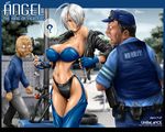  2boys ahoge angel_(kof) black_panties blue_eyes bra breasts chaps covered_nipples cropped_jacket dated drooling fingerless_gloves gloves hair_over_one_eye highleg jacket large_breasts leather leather_jacket looking_at_breasts multiple_boys navel off_shoulder old_man open_clothes open_jacket panties police police_uniform policeman short_hair silver_hair slender_waist staring strapless strapless_bra the_king_of_fighters unbalance underwear uniform watermark web_address 