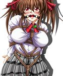  arms_behind_back badmoon5963 ball_gag bdsm blush bondage bound breasts brown_hair crotch_rope drooling gag large_breasts looking_at_viewer red_eyes rope saliva school_uniform schoolgirl shadow shibari skirt solo standing twintails 