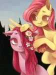  arakay duo equine female feral flower fluttershy_(mlp) friendship_is_magic hair hair_over_eye horse mammal my_little_pony outside pegasus pink_hair pinkamena_(mlp) pinkie_pie_(mlp) pony smile tree wings 