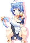  ahoge animal_ears bad_id bad_pixiv_id bell blue_eyes blue_hair blush breasts cat_ears cat_tail cleavage holding large_breasts off_shoulder original ribbon shorts silhouette smile solo squatting tail tail_bell tail_ribbon yappen 