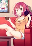  :d bad_id bad_pixiv_id blue_eyes blush bow braid breasts cleavage couch cup green_hair hair_bow holding kurimu_(yappen) long_hair medium_breasts open_mouth original ponytail red_hair ribbon short_sleeves shorts sidelocks single_braid sitting smile solo striped yappen yellow_eyes 
