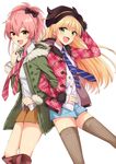  :d arm_holding bad_id bad_pixiv_id blonde_hair boots cabbie_hat earrings fang fur_trim green_eyes hair_ribbon hat horns idolmaster idolmaster_cinderella_girls jewelry jougasaki_mika jougasaki_rika looking_at_viewer multiple_girls necktie open_mouth parka pink_hair plaid ponytail pu_uq ribbon ring shorts siblings sisters smile thighhighs yellow_eyes 