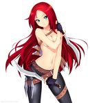  atomix belt beltskirt breasts cleavage covering covering_breasts dual_wielding green_eyes highres holding katarina_du_couteau league_of_legends long_hair medium_breasts navel red_hair reverse_grip scabbard scar sheath simple_background solo sword topless very_long_hair watermark weapon web_address white_background 