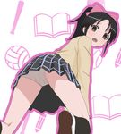  ball baseball_bat black_eyes black_hair black_legwear blush book bow from_behind hair_bow haruyama_kazunori kneehighs kneeling looking_at_viewer looking_back miniskirt open_mouth panties pantyshot pantyshot_(kneeling) pencil plaid plaid_skirt pleated_skirt ponytail school_uniform shoe_soles shoes skirt socks solo tanaka_koharu tesagure!_bukatsu-mono thighs underwear upskirt uwabaki volleyball white_panties 