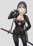  black_gloves bra breasts glasses gloves hand_in_pocket highres hood hoodie large_breasts looking_at_viewer open_clothes open_shirt original red_eyes scabbard seven_(11) sheath shirt silver_hair smile solo sword underwear weapon 