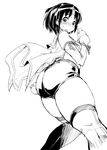  ass black_hair blush buruma detached_sleeves from_behind from_below greyscale kantai_collection looking_at_viewer looking_back monochrome nagara_(kantai_collection) nikusho short_hair solo sweat thighhighs 