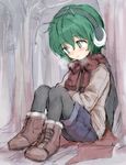  against_tree antennae blush boots breath coat cross-laced_footwear earmuffs forest frown furorida green_eyes green_hair hand_on_lap highres knees_to_chest looking_down nature outdoors pantyhose scarf short_hair shorts sitting solo touhou tree wriggle_nightbug 