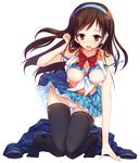  arm_support bra bra_lift breasts brown_eyes brown_hair cameltoe hairband headset idolmaster idolmaster_cinderella_girls long_hair medium_breasts nipples nitta_minami no_shoes open_mouth panties plaid plaid_skirt rikudou_inuhiko shirt_pull skirt solo strap_slip thighhighs underwear 