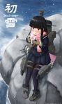  bangs black_hair blunt_bangs blush brown_eyes character_name hatsuyuki_(kantai_collection) kama_iruka kantai_collection long_hair pantyhose pleated_skirt school_uniform serafuku sitting skirt snowing steam 