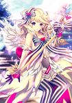  blonde_hair bow gloves hair_bow heart pantyhose purple_eyes socks solo souseiki_aster_gate staff striped striped_legwear vertical-striped_legwear vertical_stripes wings xianguang 