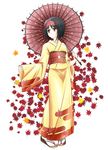  absurdres autumn_leaves black_hair erika_(pokemon) gym_leader hairband headband highres japanese_clothes kimono long_sleeves obi oriental_umbrella pokemon pokemon_(game) pokemon_hgss ria_(devolleyaile) sandals sash short_hair smile solo tabi umbrella wide_sleeves yellow_kimono 