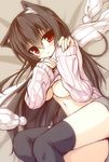  animal_ears black_legwear blush breasts clothes_lift large_breasts long_hair looking_at_viewer lying mia_flatpaddy no_bra original red_eyes ribbed_sweater scarf solo sweater sweater_lift syroh thighhighs underboob 