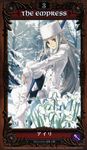  avalon_(fate/stay_night) black_legwear boots coat fate/zero fate_(series) flower fur_hat hat highres iris_(flower) irisviel_von_einzbern konoe_ototsugu long_hair long_sleeves pantyhose purple_eyes scan sheath silver_hair snow solo tarot thigh_boots thighhighs 