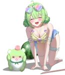  1girl :d ^_^ absurdres ahoge alkim all_fours bikini bow bow_bikini breasts chico_(yuzuha_riko) closed_eyes commentary creature double-parted_bangs double_bun fang food foreshortening frilled_bikini frills fruit goggles goggles_on_head green_bikini green_hair hair_bun hair_ornament hair_up hairclip highres large_breasts multiple_hairclips open_mouth purple_bow raised_inner_eyebrows simple_background smile solo_focus star_(symbol) star_hair_ornament stellive swim_goggles swimsuit virtual_youtuber watermelon white_background yuzuha_riko 