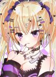  1girl bead_necklace beads black_camisole black_choker blonde_hair blush bow camisole character_name choker commentary cross cross_earrings earrings hair_bow hair_ornament hairclip hand_up highres hoshina_utau jewelry long_hair multiple_rings nail_art necklace outline parallel_hairclips portrait purple_bow purple_eyes rabbit_hair_ornament rang0w0 ring shoulder_blush shugo_chara! solo sparkle_hair_ornament too_many_hair_ornaments too_many_rings twintails untranslatable_commentary white_outline wing_hair_ornament x_hair_ornament 