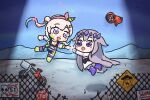  2girls airani_iofifteen airani_iofifteen_(1st_costume) alien area_51 bicycle bing_huyue blush_stickers bridal_gauntlets chibi commentary denim denim_overalls desert e.t. english_commentary floating gem gem_hair_ornament green_hairband green_shoes grey_alien grey_hair hair_bun hair_flaps hairband hand_jewel highres hololive hololive_english hololive_indonesia koseki_bijou koseki_bijou_(1st_costume) long_hair multiple_girls nevada night overalls paint_on_clothes paint_splatter paint_splatter_on_face pebble_(koseki_bijou) polka_dot_hairband purple_gem purple_hair purple_shoes road_sign shirt shoes side_ponytail side_up_bun sidelocks sign stop_sign united_states very_long_hair virtual_youtuber white_shirt wire_fence 