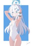  1girl arm_strap armpits arms_behind_head arms_up blue_archive blue_eyes blue_halo blue_ribbon border breasts chinese_commentary colored_eyelashes commentary_request covered_navel cowboy_shot detached_collar double-parted_bangs gradient_eyes hair_between_eyes hair_ornament halo highleg highleg_one-piece_swimsuit highres lemon_tea_(15058751917) long_hair long_single_sidelock looking_at_viewer multicolored_eyes neck_ribbon one-piece_swimsuit orca_hair_ornament outside_border parted_lips ribbon sayuri_(blue_archive) signature small_breasts solo swimsuit white_border white_eyelashes white_hair white_one-piece_swimsuit x_hair_ornament 