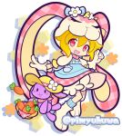  1girl alternate_costume animal animal_hat basket black_eyes blonde_hair blue_bow blue_overalls blue_socks boots bow carrot clothed_animal commentary_request flower full_body gingham_clothes gingham_skirt gloves hat hat_flower looking_at_viewer official_style open_mouth orange_eyes orange_flower overall_skirt overalls pimyuhuwa pink_skirt puyopuyo puyopuyo_quest rabbit rabbit_hat shirt short_hair shorts shorts_under_skirt simple_background skirt smile socks stuffed_animal stuffed_rabbit stuffed_toy sun_hat twitter_username usagurumi_(puyopuyo) white_background white_boots white_flower white_gloves white_shirt white_shorts yellow_flower yellow_hat 