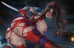  1girl akira_raikou anus arm_guards armor ass blush bodysuit breasts brown_hair commentary dirty english_commentary female_pubic_hair fingerless_gloves gloves hand_on_ground highres huge_breasts kodachi long_hair looking_back ninja nipples on_one_knee ponytail pubic_hair puffy_nipples pussy red_bodysuit red_gloves short_sword shoulder_armor skin_tight sleeveless sleeveless_bodysuit smoke solo soulcalibur sweat sword taki_(soulcalibur) thick_thighs thighs torn_bodysuit torn_clothes weapon 