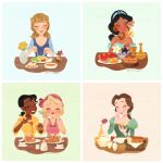  absurdres abu_(aladdin) beauty_(fairy_tale_character) beauty_and_the_beast_(disney) beauty_and_the_beast_(fairy_tale) bell_jar belle_(disney) black_hair blonde_hair blue_dress blue_gem bonnet bread charlotte_la_bouff cinderella_(disney_character) cinderella_(disney_movie) closed_eyes coffee commentary_request cup dark-skinned_female dark_skin disney disney_princess donut dress eating flower food fork fruit gem glass green_dress headband highres holding holding_bread holding_food holding_fork holding_jar holding_knife honey jar jasmine_(disney) knife monkey mouse_(animal) naco_oekaki princess rose table teacup teapot the_princess_and_the_frog_(disney) tiana_(the_princess_and_the_frog) vase watermelon watermelon_slice 