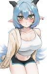  1girl alternate_costume animal_ears black_shorts blue_hair blush breasts closed_mouth collarbone commentary crop_top goat_ears goat_girl goat_horns hair_between_eyes highres horns invisible_chair jacket large_breasts long_hair looking_at_viewer lucia_elowen navel pointy_ears shirt shorts simple_background sitting solo untranslatable_commentary white_background white_shirt yasiro_hayate yellow_eyes zenless_zone_zero 