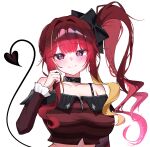  1girl absurdres akane_lize arm_at_side bare_shoulders black_bow black_collar blonde_streaks blush bow bra_strap breasts closed_mouth collar commentary crop_top demon_tail double-parted_bangs grey_eyes hair_bow hair_intakes hand_up highres large_breasts long_hair long_sleeves looking_at_viewer mole mole_under_eye multicolored_hair off-shoulder_shirt off_shoulder red_hair red_shirt shirt side_ponytail simple_background slit_pupils smile solo sparkling_eyes stellive streaked_hair tail upper_body virtual_youtuber white_background yeomhwauranyum zipper_pull_tab 