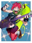  1girl blue_background border bracelet brown_shoes commentary crop_top demencia fake_horns fangs fingerless_gloves fushoku gloves green_hair green_hoodie guitar hat holding holding_guitar holding_instrument hood hoodie horns instrument jewelry jumping legs_up long_hair midriff multicolored_hair open_mouth pantyhose red_hair red_pantyhose sharp_teeth shirt shoes sleeveless smile solo sparkle spiked_bracelet spikes teeth torn_clothes torn_pantyhose villainous white_border 