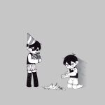  2boys accident antenna_hair bad_id bad_twitter_id black_eyes black_hair black_sweater_vest black_tank_top black_thighhighs box cake closed_mouth collared_shirt colored_skin commentary_request double-parted_bangs dual_persona food gift gift_box grey_background hair_between_eyes hat highres holding holding_gift invisible_floor kneeling korean_commentary looking_at_another male_focus morivivi3 multiple_boys omori omori_(omori) open_mouth party_hat shirt short_hair short_sleeves shorts simple_background standing striped_clothes striped_shorts sunny_(omori) sweatdrop sweater_vest tank_top thighhighs vertical-striped_clothes vertical-striped_shorts white_shirt white_shorts white_skin 