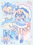 1girl bare_shoulders blue_bow blush bow bowtie chibi cloud commentary detached_sleeves dot_nose dress english_commentary fluffy_clothes full_body hair_ornament headband highres holding holding_umbrella knee_blush kneehighs long_hair multiple_views nemupan open_mouth pale_skin petit_planet planet_tender_(petit_planet) rainbow raincloud shoes sneakers socks sparkle star_(symbol) twintails umbrella white_socks white_wings wings 