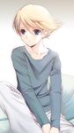  blonde_hair blue_eyes blush collarbone hijiri_ruka kuma_(persona_4) long_sleeves male_focus pants persona persona_4 shirt solo t-shirt 