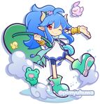  1girl animal aqua_boots bag bike_shorts bird black_shorts blue_bag blue_hair blue_raincoat boots bracer closed_mouth commentary_request dress flower frog full_body hair_flower hair_ornament holding holding_leaf horns jaan_(puyopuyo) jaan_(rain-sheltering)_(puyopuyo) leaf leaf_umbrella long_hair long_sidelocks looking_at_viewer official_style one_eye_closed open_clothes outstretched_arm pimyuhuwa pink_bird pink_flower pointy_ears ponytail puddle puyopuyo puyopuyo_quest raincoat red_eyes short_dress shorts shoulder_bag sidelocks simple_background smile solo standing standing_on_one_leg steam twitter_username white_background white_dress yellow_bird 