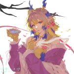  1girl absurdres arknights bare_shoulders blonde_hair blue_eyes blue_hair chinese_commentary choker colored_extremities commentary cup dragon_girl dragon_horns drink earrings flower frilled_sleeves frills fruit_earrings grey_hair hair_flower hair_intakes hair_ornament hand_on_own_chest highres holding holding_drink horns jacket jewelry kumu_feng_chun long_hair long_sleeves multicolored_hair off_shoulder official_alternate_costume parted_lips pink_jacket pointy_ears sakazuki shu_(arknights) shu_(spring_feast)_(arknights) simple_background solo upper_body watermark white_background yellow_choker 