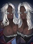  2girls absurdres asymmetrical_docking bare_shoulders breast_press breasts clone colored_eyelashes commentary_request dark-skinned_female dark_skin dress elden_ring elden_ring_nightreign highres ilvaite large_breasts long_hair looking_at_viewer multiple_girls purple_dress recluse_(elden_ring) simple_background upper_body very_dark_skin white_eyelashes white_eyes white_hair 