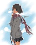  bad_id bad_pixiv_id bag blue_eyes breath cardigan cold original plaid plaid_scarf scarf shiwasu_takashi short_hair skirt snow solo sweater 