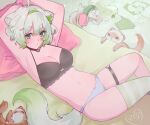  1girl absurdres ahoge animal animal_ears armpits asymmetrical_legwear bed black_bra bob_cut bow bow_bra bow_panties bra breasts choker commentary curvy ferret ferret_ears ferret_girl ferret_tail food fruit gradient_hair gradient_tail green_eyes green_hair green_tail hair_between_eyes hairband headphones highres kokomi_(aniesuakkaman) lime_(fruit) lime_slice limealicious lying medium_breasts midriff mismatched_legwear mismatched_underwear multicolored_hair multicolored_tail navel o-ring o-ring_thigh_strap on_back on_bed panties ribbon short_hair skindentation solo tail thick_thighs thigh_strap thighs two-tone_hair two-tone_tail underwear underwear_only vinesauce virtual_youtuber white_hair white_panties white_tail 