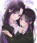  2girls ahoge black_hair black_jacket blazer blush closed_mouth collared_shirt colored_inner_hair commentary_request curtained_hair floral_background hair_intakes highres jacket jewelry long_hair looking_at_viewer looking_to_the_side multicolored_hair multiple_girls necklace necktie office_lady open_clothes open_jacket original pinstripe_pattern posing purple_eyes purple_necktie purple_shirt purple_streaks school_uniform shirt siblings sisters smile straight_hair streaked_hair striped_clothes striped_shirt suit_jacket upper_body v v_over_mouth vertical-striped_clothes vertical-striped_shirt white_background wispy_bangs yuuyu_(moco20111115) 